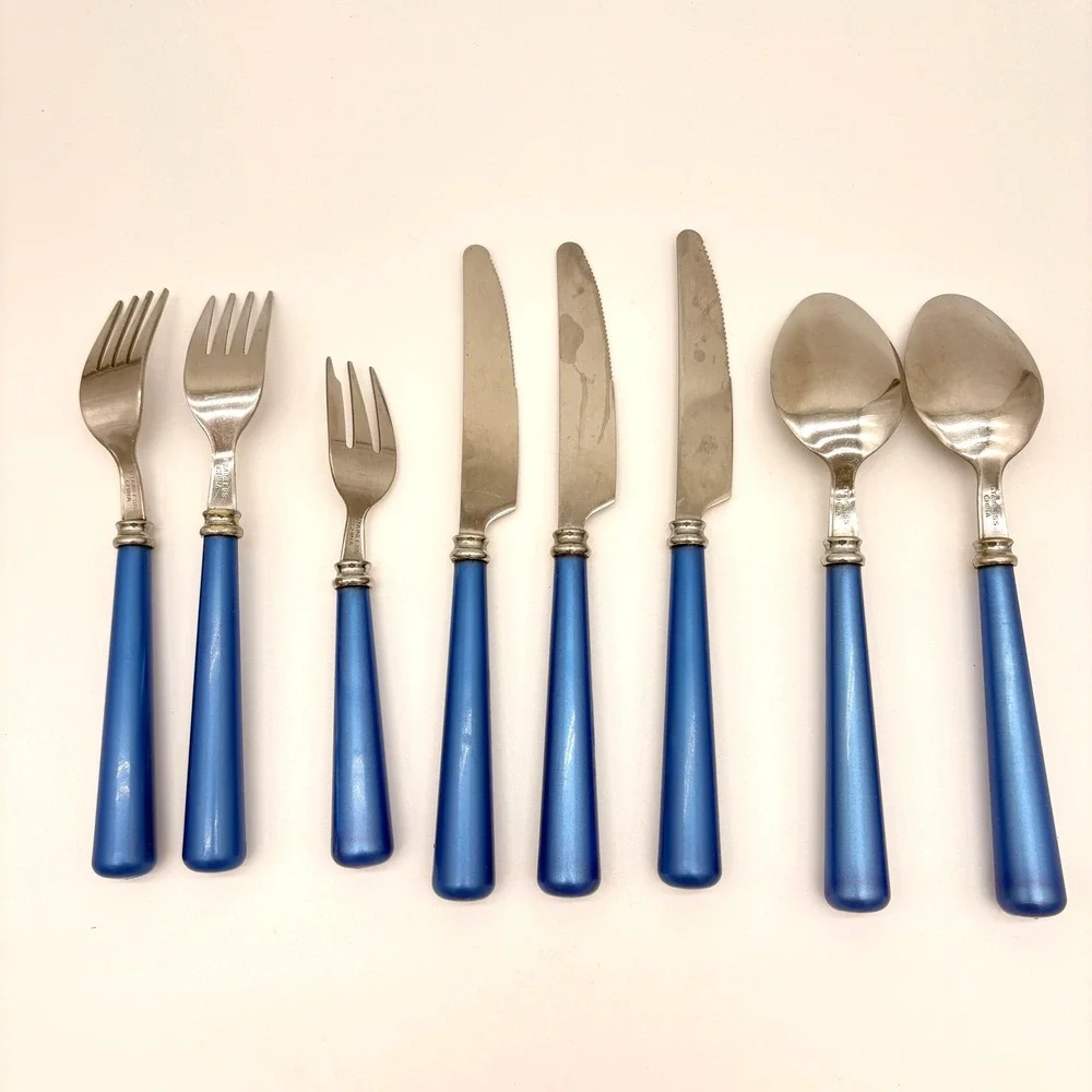 VTG Cobalt Blue Metallic Flatware Set Mismatched Stainless Steel Utensils 8pc